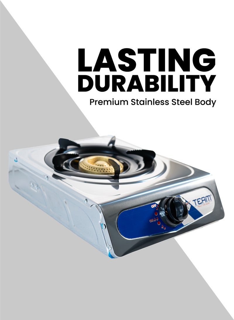 TEAM  Single Burner Gas Stove | Stainless Steel Panel | Automatic Ignition | Low Gas Consumption | High Efficiency Blue Flame | LPG Gas Portable Cooker for Home, Outdoor & Camping - Image 3